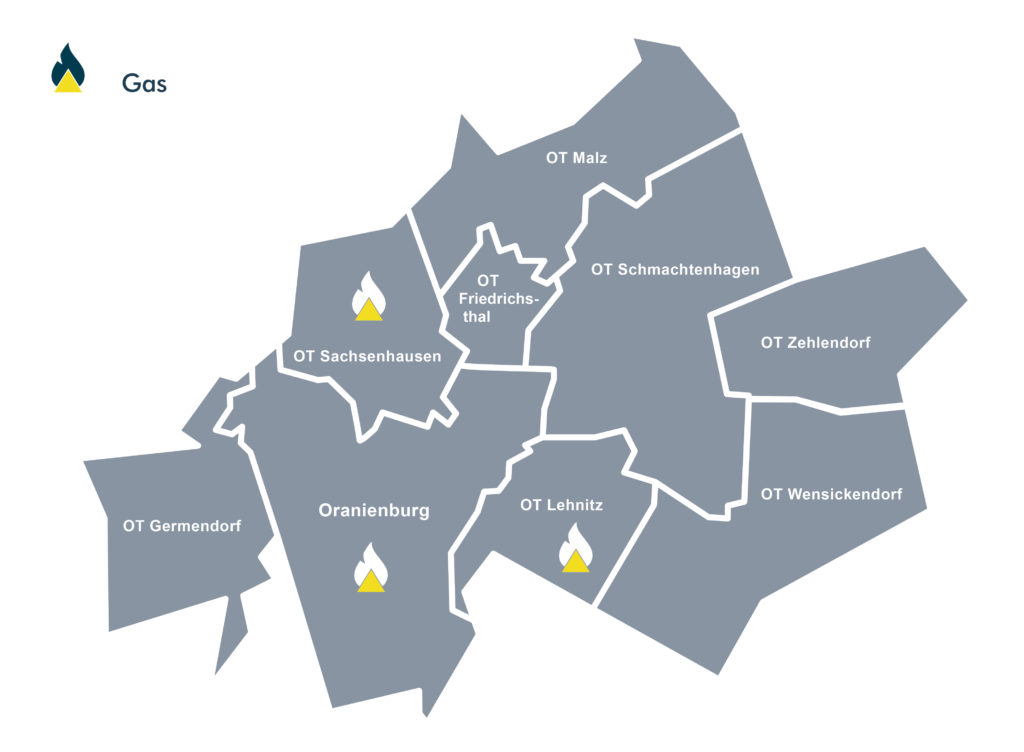 Karte der Gasversorgungsgebiete in Oranienburg mit Ortsteilen.
